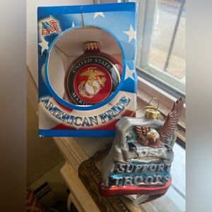 NWT Lot Of 2 SUPPORT OUR TROOPS USA Navy Army Air Force Marines Glass Ornaments